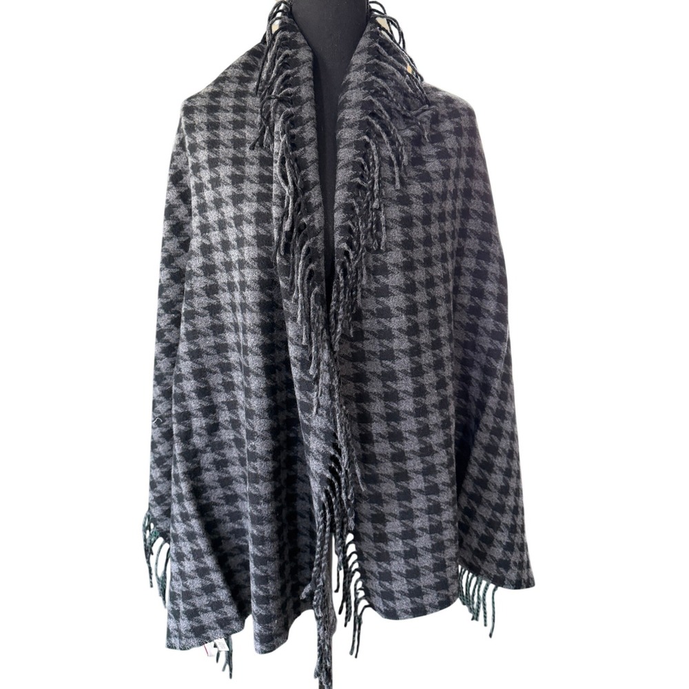 Talbots Womens Houndstooth Wrap Scarf Black Grey Wool Blend Fringe Made in Italy